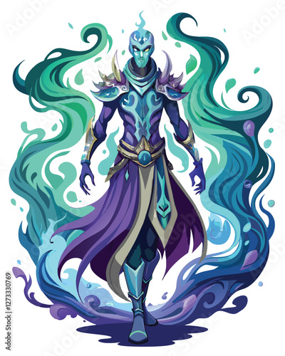A spectral warrior, ethereal particles swirling around them, wielding a glowing weapon in a dark, mystical landscape.  Create a dramatic and haunting image.