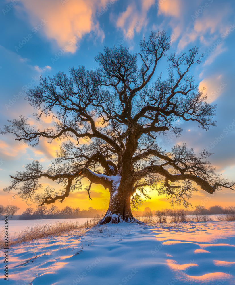 Baum ohne Blätter im Winter, Sonnenaufgang, Generative AI