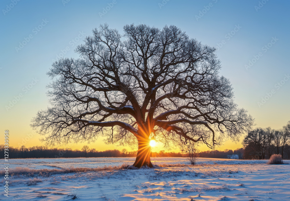 Baum ohne Blätter im Winter, Sonnenaufgang, Generative AI