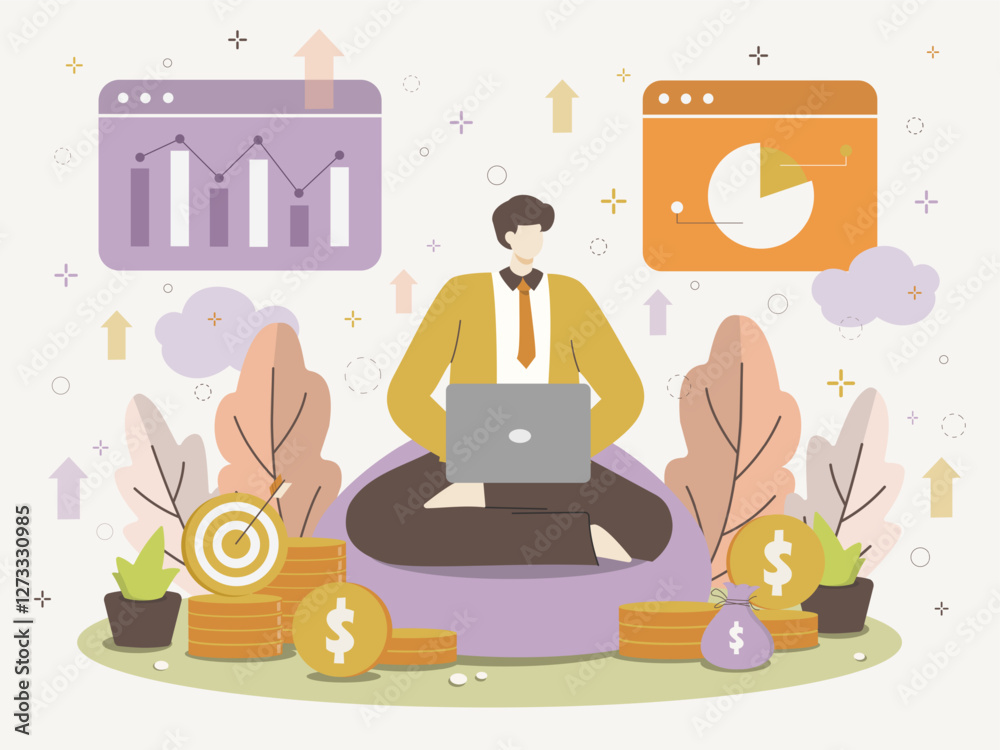 Analytical businessman using laptop for financial growth insights, vector illustration