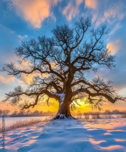 Obraz na płótnie Baum ohne Blätter im Winter, Sonnenaufgang, Generative AI w salonie