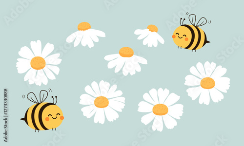 Daisy icon set and bee cartoons on green background vector.