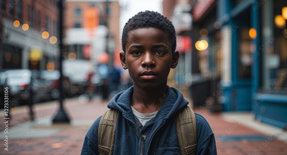 Fototapeta premium Homeless young black African boy in a downtown sidewalk background portrait facing forward