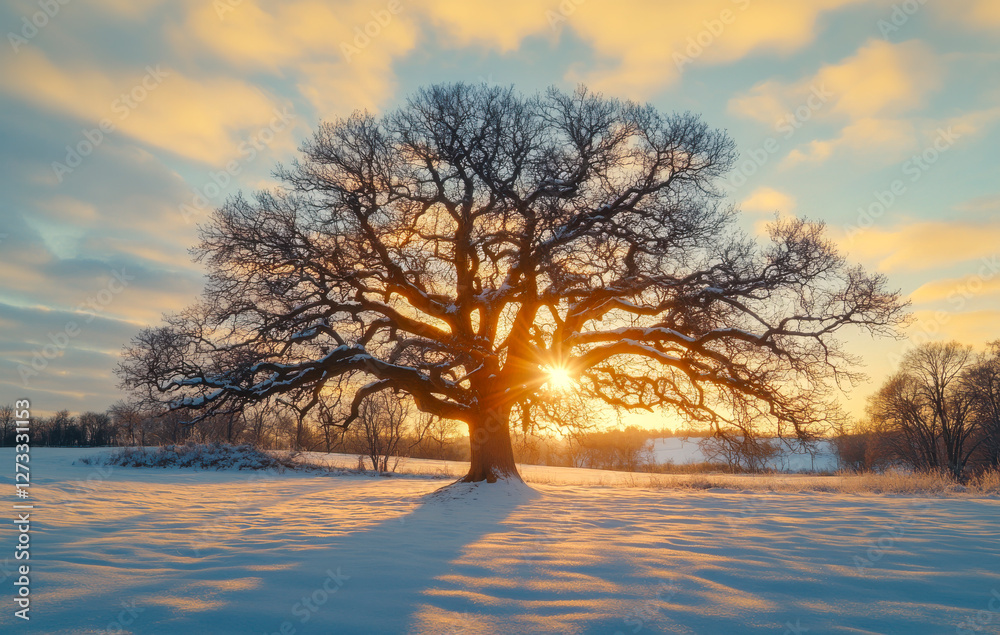 Baum ohne Blätter im Winter, Sonnenaufgang, Generative AI