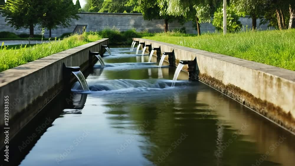 Water flows gently through a landscaped channel in a tranquil park during a sunny day
