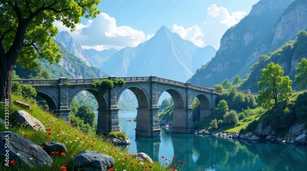 Serene Stone Arch Bridge Over Tranquil Lake, Nestled Amidst Majestic Mountains and Lush Greenery, Under a Summer Sky Serene Stone Arch Bridge Over Tranquil Lake, Nestled Amidst Majestic Mountains and Lush Greenery, Under a Summer Sky