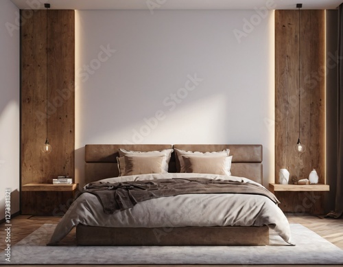 Modern bedroom interior with empty blank wall for mockup template display. 3D Rendering