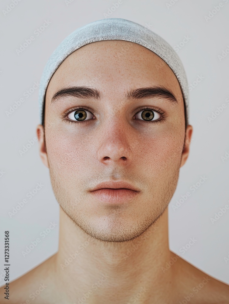 Intense gaze of a young man with head covering portrait realism Intense gaze of a young man with head covering portrait realism
