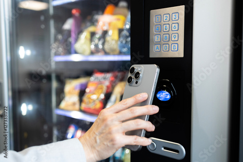 Fotografía Businesswoman buying snacks on vending machine on job break and making contactless payment via smart phone