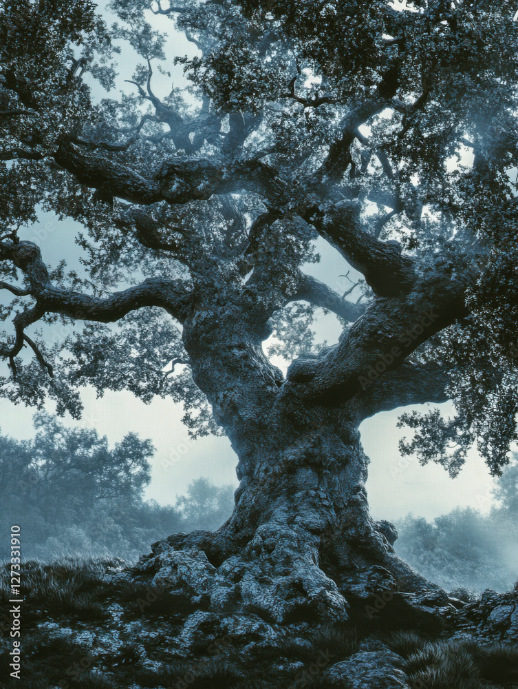 Einzelner Baum ohne Blätter im Winter, Dunst, Nebel, Generative AI