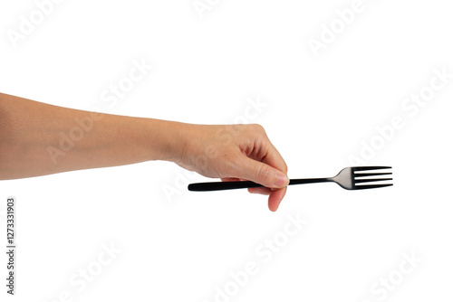 Hand and metal black fork on transparent background