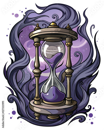 Render a gothic hourglass, its sand replaced by swirling, ethereal smoke; dark, ornate frame; dramatic lighting.