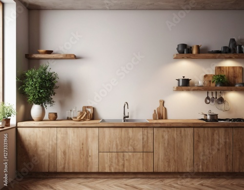 Modern Kitchen interior with empty blank wall for mockup template display. 3D Rendering