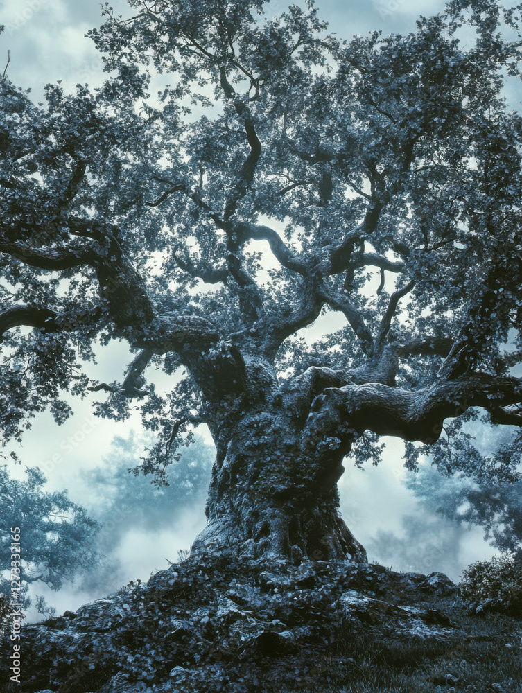Einzelner Baum ohne Blätter im Winter, Dunst, Nebel, Generative AI
