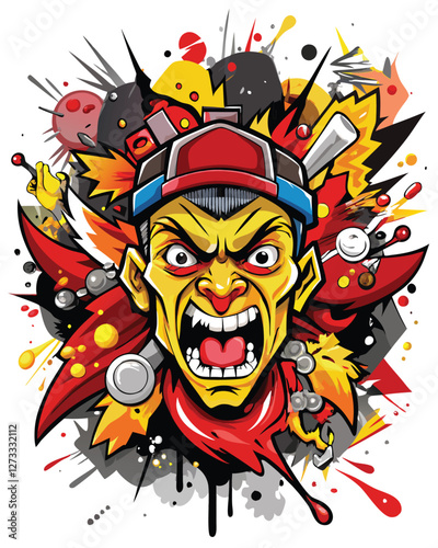 Vibrant, chaotic graffiti artwork featuring an explosion of abstract, cartoonish faces in diverse styles and colors.