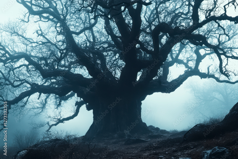 Einzelner Baum ohne Blätter im Winter, Dunst, Nebel, Generative AI