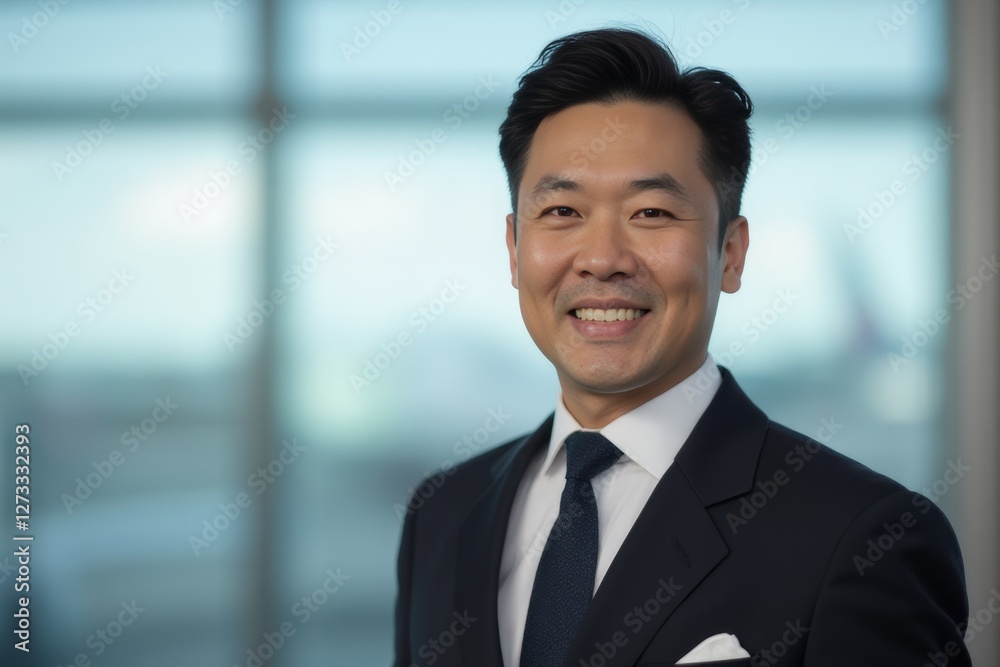 Head and shoulders Portrait of an elegant stylish South Korean 50 years old male flight attendant in uniform. Head and shoulders Portrait of an elegant stylish South Korean 50 years old male flight attendant in uniform.
