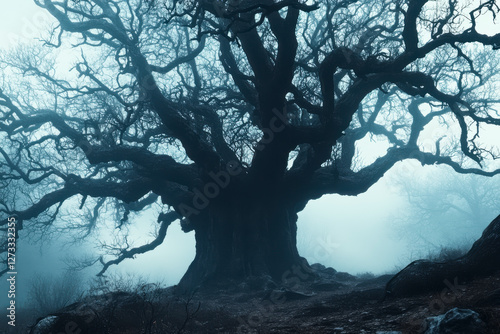 Obraz na płótnie Einzelner Baum ohne Blätter im Winter, Dunst, Nebel, Generative AI w salonie