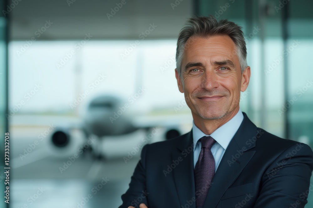 Head and shoulders Portrait of an elegant stylish Spanish 50 years old male flight attendant in uniform. Head and shoulders Portrait of an elegant stylish Spanish 50 years old male flight attendant in uniform.