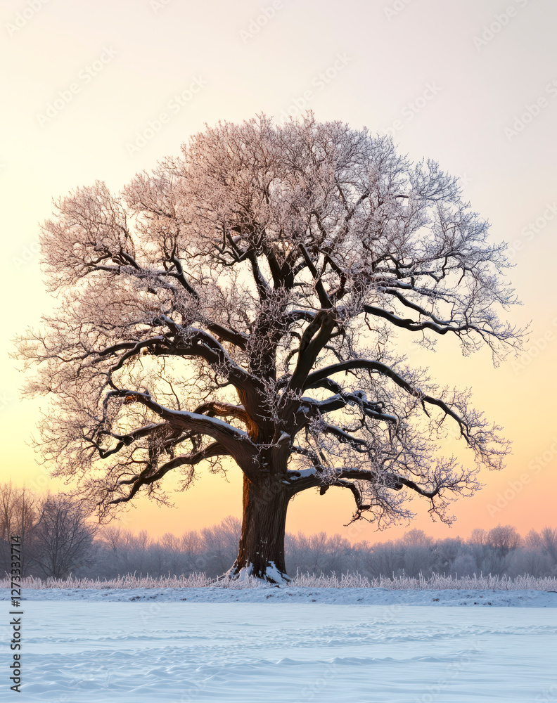 Einzelner Baum ohne Blätter im Winter, Dunst, Nebel, Generative AI