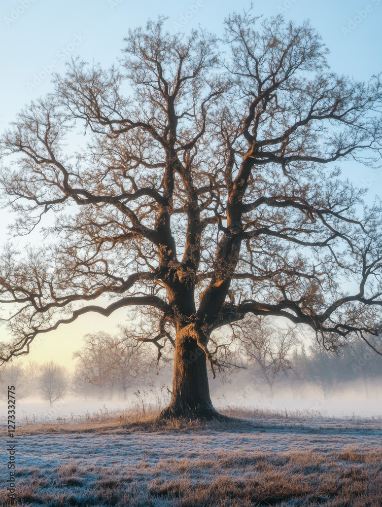 Einzelner Baum ohne Blätter im Winter, Dunst, Nebel, Generative AI