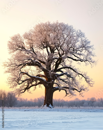 Obraz na płótnie Einzelner Baum ohne Blätter im Winter, Dunst, Nebel, Generative AI w salonie