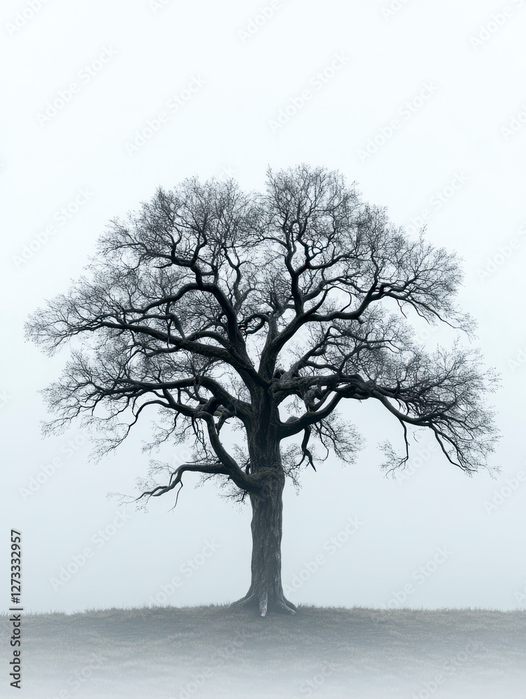 Einzelner Baum ohne Blätter im Winter, Dunst, Nebel, Generative AI