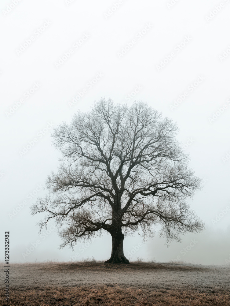 Einzelner Baum ohne Blätter im Winter, Dunst, Nebel, Generative AI