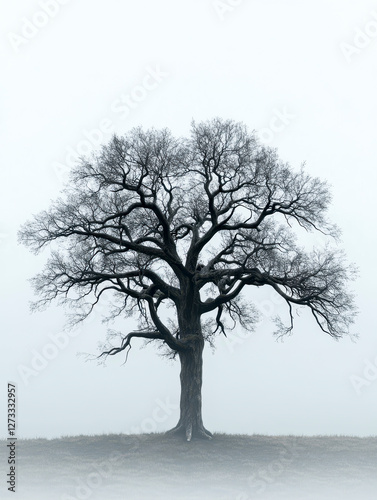 Obraz na płótnie Einzelner Baum ohne Blätter im Winter, Dunst, Nebel, Generative AI w salonie