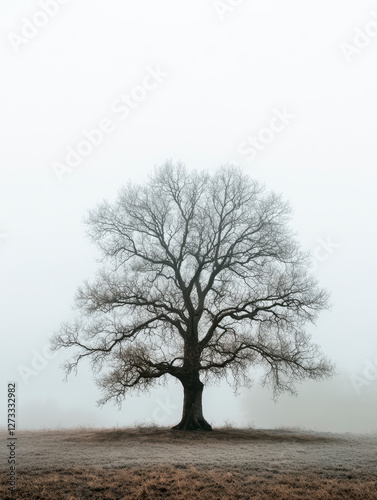 Obraz na płótnie Einzelner Baum ohne Blätter im Winter, Dunst, Nebel, Generative AI w salonie