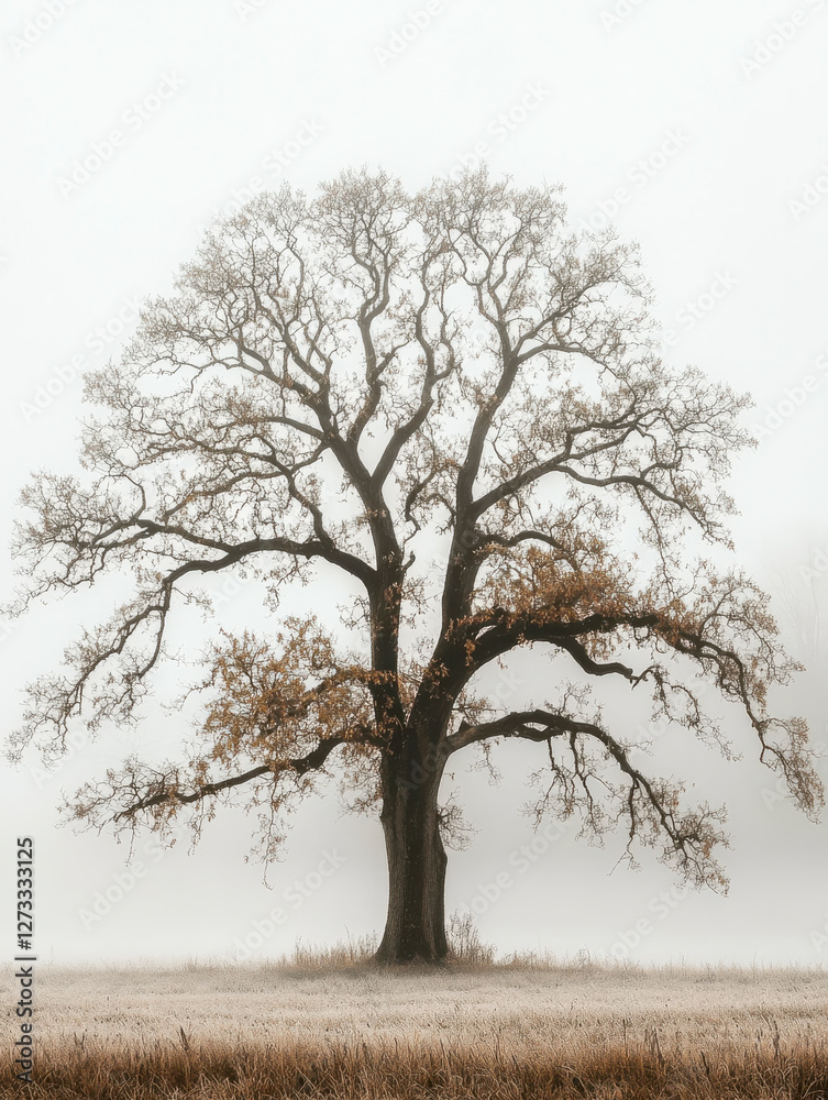 Einzelner Baum ohne Blätter im Winter, Dunst, Nebel, Generative AI
