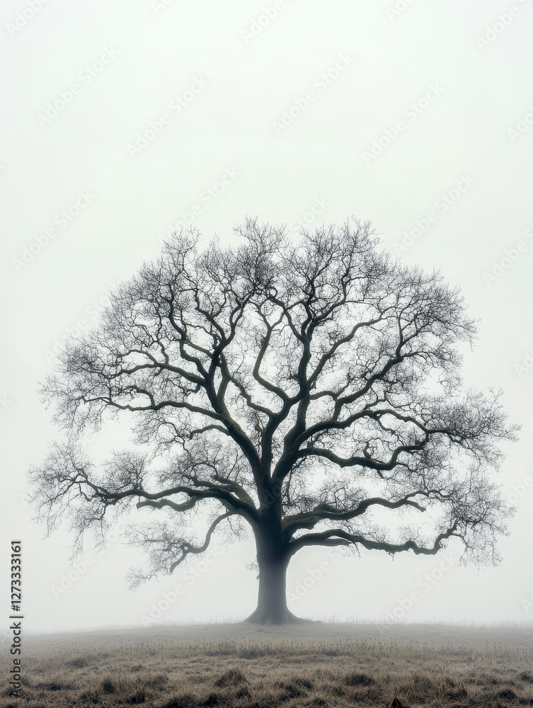 Einzelner Baum ohne Blätter im Winter, Dunst, Nebel, Generative AI Einzelner Baum ohne Blätter im Winter, Dunst, Nebel, Generative AI