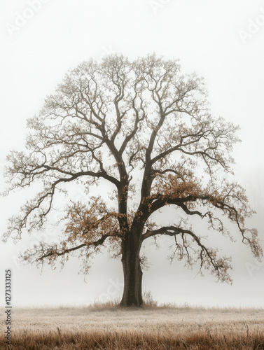 Obraz na płótnie Einzelner Baum ohne Blätter im Winter, Dunst, Nebel, Generative AI w salonie