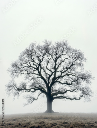 Einzelner Baum ohne Blätter im Winter, Dunst, Nebel, Generative AI