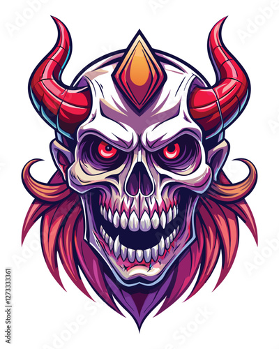 Create a detailed sketch of a grinning abstract skull with twisted horns, emphasizing its warped, surreal features.  Include intricate linework and shading.