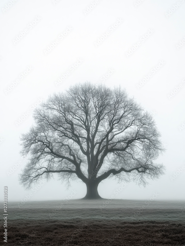 Einzelner Baum ohne Blätter im Winter, Dunst, Nebel, Generative AI