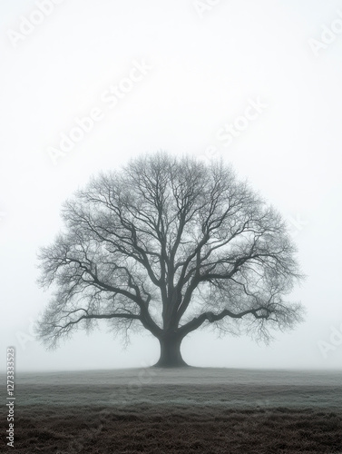 Obraz na płótnie Einzelner Baum ohne Blätter im Winter, Dunst, Nebel, Generative AI w salonie