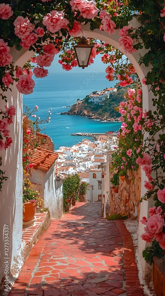 Fototapeta premium A white arch draped in pink roses frames a coastal path and town in southern Italy