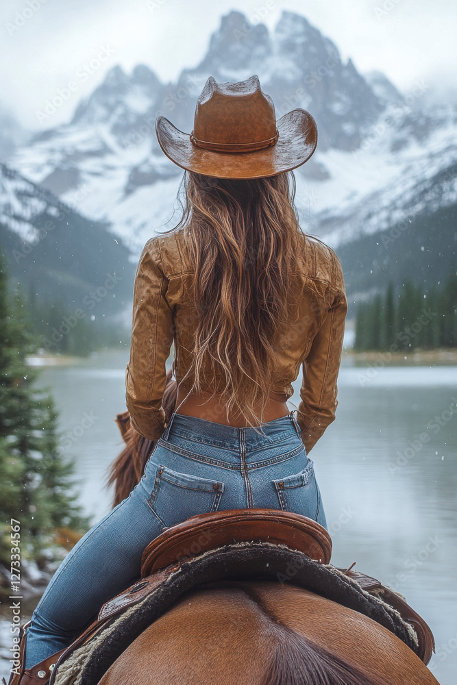 Frau, mittleren Alters, 40 Jahre alt, reitet auf einem Pferd die verschneite Landschaft der Rocky Mountains. Sie trägt Westernoutfit mit Cowboyhut und Jeans, Generative AI