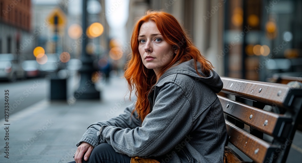 Obraz premium Homeless young redhead woman in a city bench background portrait facing forward