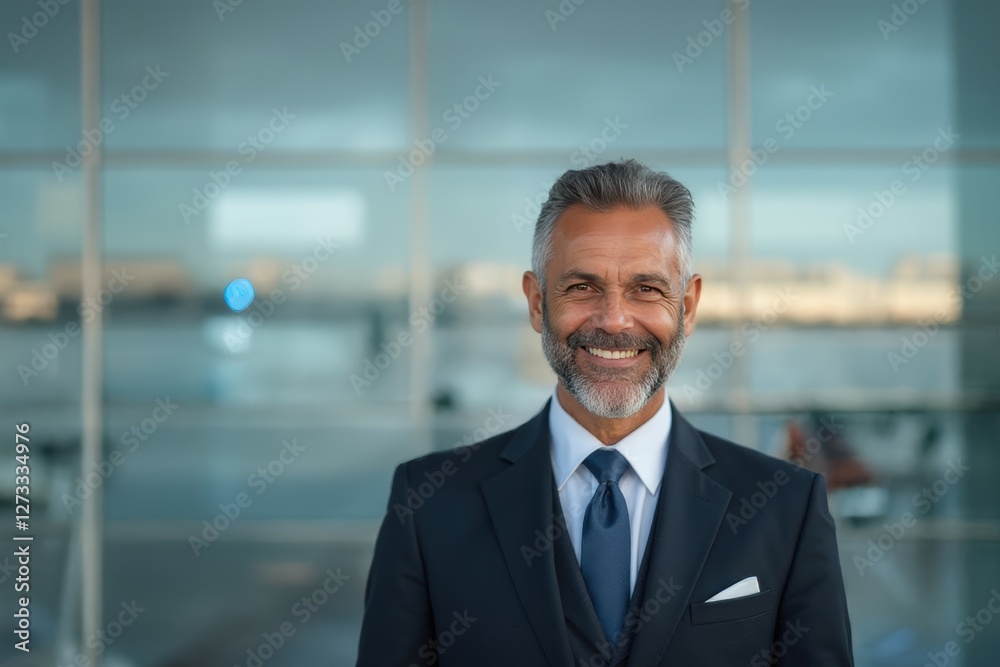 Head and shoulders Portrait of an elegant stylish Tunisian 50 years old male flight attendant in uniform. Head and shoulders Portrait of an elegant stylish Tunisian 50 years old male flight attendant in uniform.