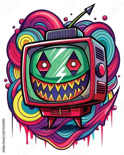 A grinning, distorted television screen displaying chaotic static patterns; vibrant, unsettling colors dominate the image.