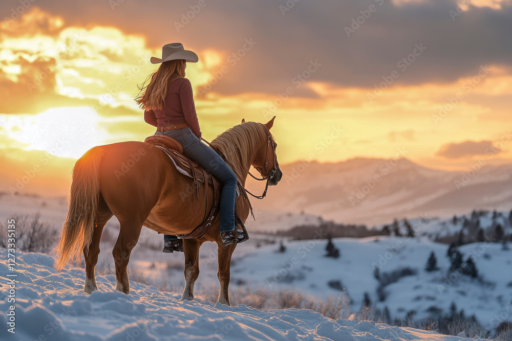 Frau, mittleren Alters, 40 Jahre alt, reitet auf einem Pferd die verschneite Landschaft der Rocky Mountains. Sie trägt Westernoutfit mit Cowboyhut und Jeans, Generative AI