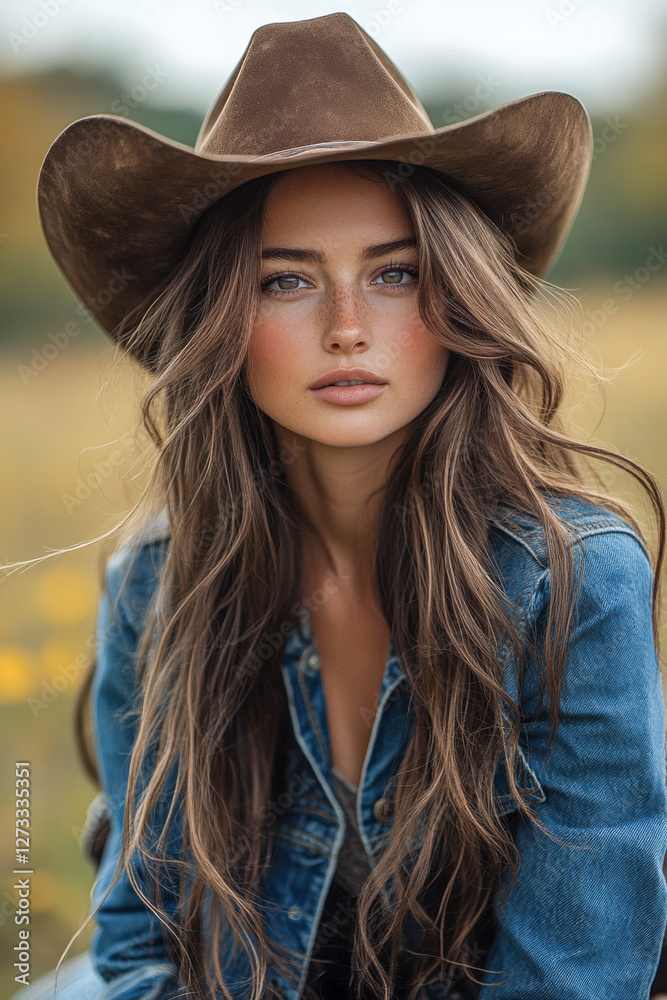 Portrait einer jungen Frau in Westernoutfit mit Cowboyhut, Generative AI