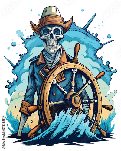 A detailed illustration of a half-submerged, decaying shipwreck with a skeletal captain's remains visible amidst barnacles and seaweed.