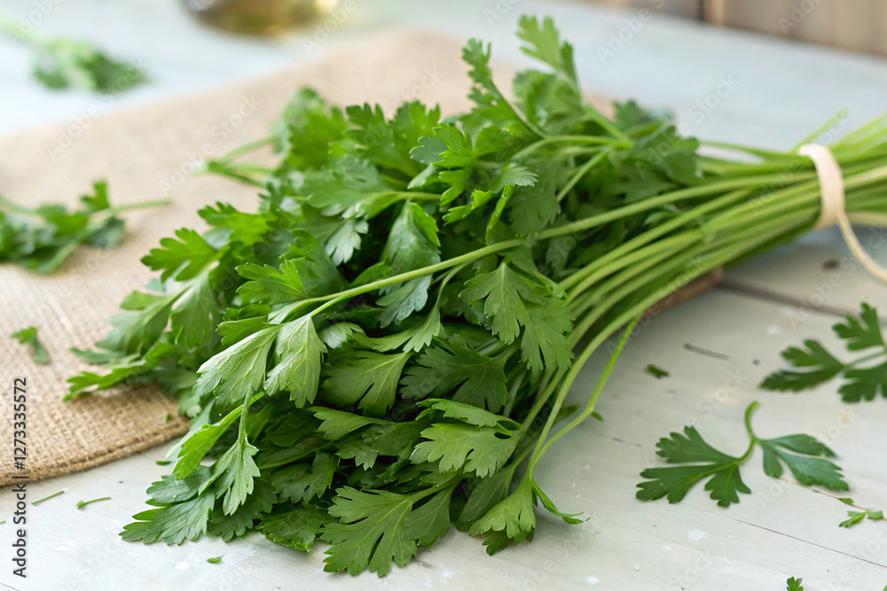 A fresh bunch of parsley with sprigs scattered A fresh bunch of parsley with sprigs scattered