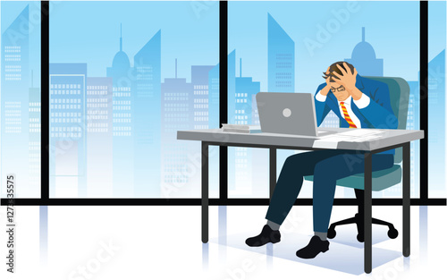 Businessman or manager grabbed his head in despair. Man sitting at table in office, around mess. Failure or problem concept. Vector i