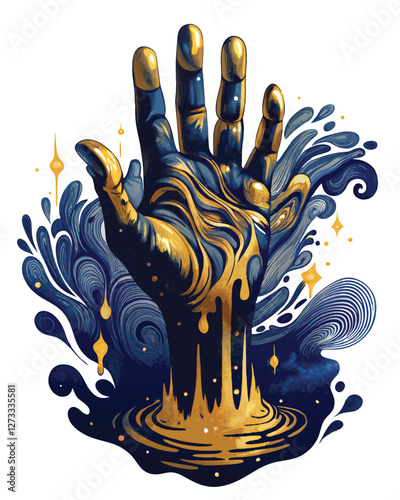A human hand slowly dissolving into a pool of dark, viscous liquid shadows; intricate details in both hand and shadow.