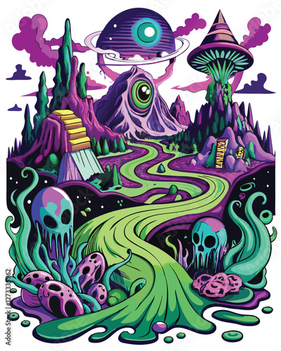 Hand-drawn alien landscape featuring abstract creatures, bizarre flora, and surreal rock formations.  Emphasis on texture and vibrant color palette.