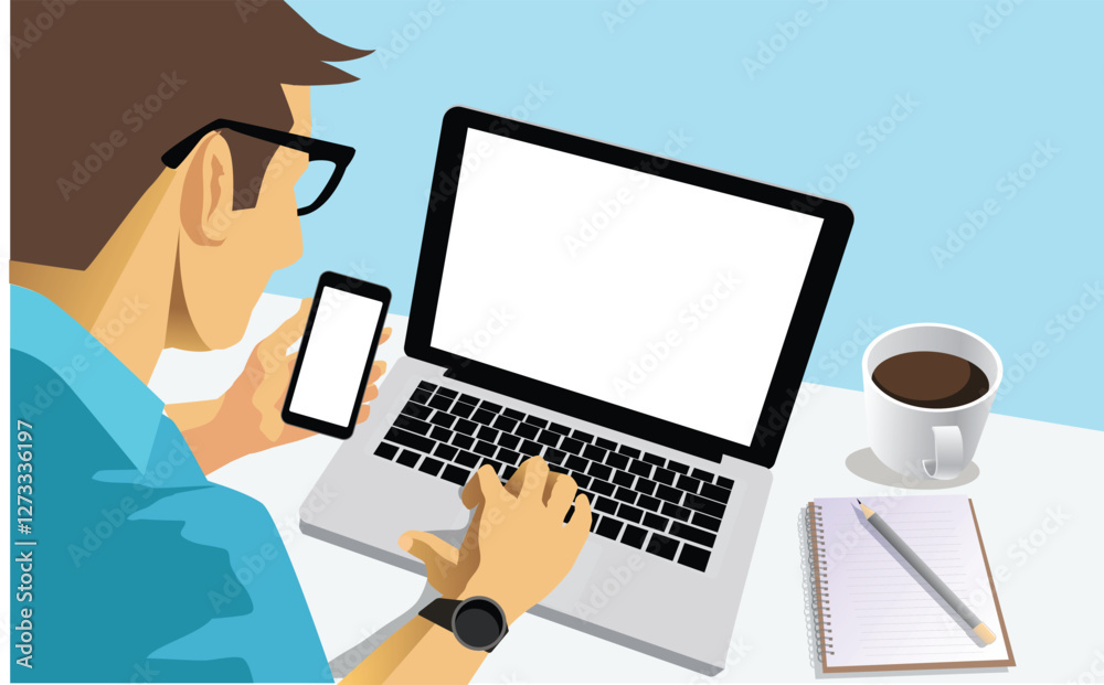 man using keyboard of laptop computer and mobile phone on office desk. businessman working in office. Business investment-finance accounting concept. vector man using keyboard of laptop computer and mobile phone on office desk. businessman working in office. Business investment-finance accounting concept. vector